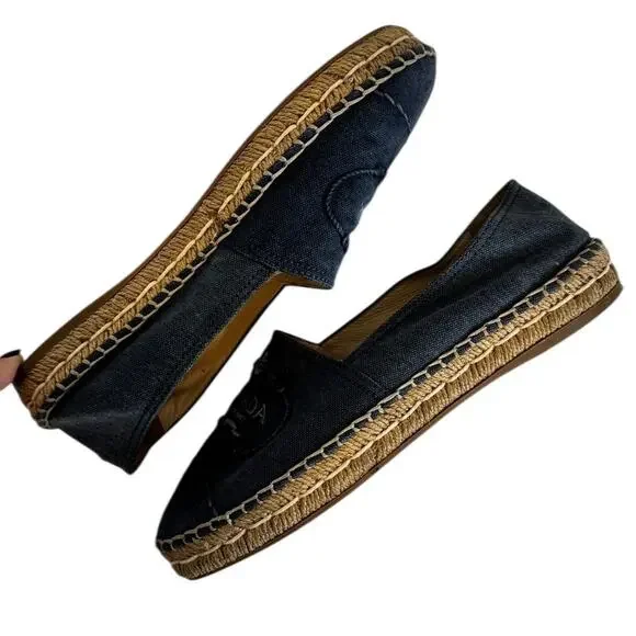 Prada Logo Blue Denim Espadrilles Size 37 Designer Slip On Flats Authentic - Picture 10 of 12